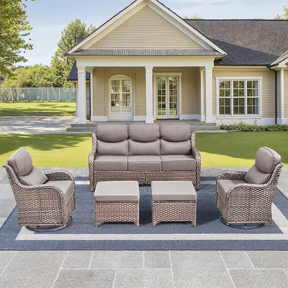 Luxury High Back Outdoor Furniture with 6-Inch Thick Cushions, Patio Furniture Set with Swivel Chairs, 5 PCS Wicker Conversation Set for Porch, Balcony, Deck and Yard