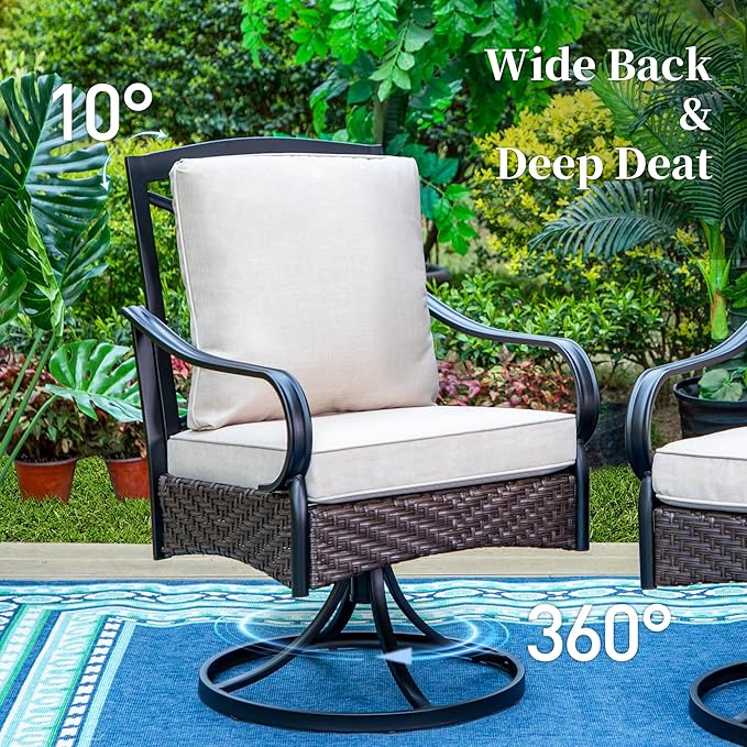 7 Piece Patio Dining Sets for 6, Outdoor Table and Chairs with Cushioned Wicker Swivel & Leg Patio Dining Chairs & Wood-Like Dining Table, Outdoor Dining Sets for Lawn Garden Backyard