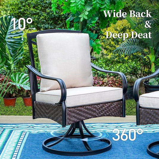 7 Piece Patio Dining Sets for 6, Outdoor Table and Chairs with Cushioned Wicker Swivel Patio Chairs & Wood-Like Dining Table (1.61-2”Umbrella Hole), Outdoor Dining Sets for Backyard