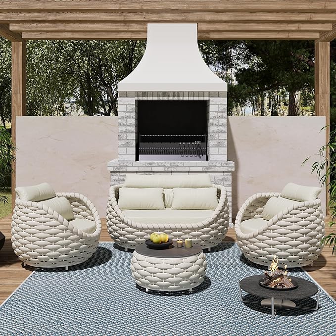 Patio Accent Chairs Set of 6: Aluminum Porch Lounge Chair with Arms - Woven Rope Cushioned Armchair - Modern One Seater Sofa - Outdoor Deck Furniture for 400lbs Balcony Yard Garden Hotel, Beige