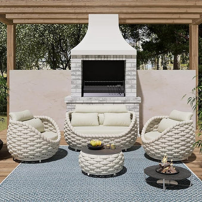 Patio Accent Chairs Set of 6: Aluminum Porch Lounge Chair with Arms - Woven Rope Cushioned Armchair - Modern One Seater Sofa - Outdoor Deck Furniture for 400lbs Balcony Yard Garden Hotel, Beige