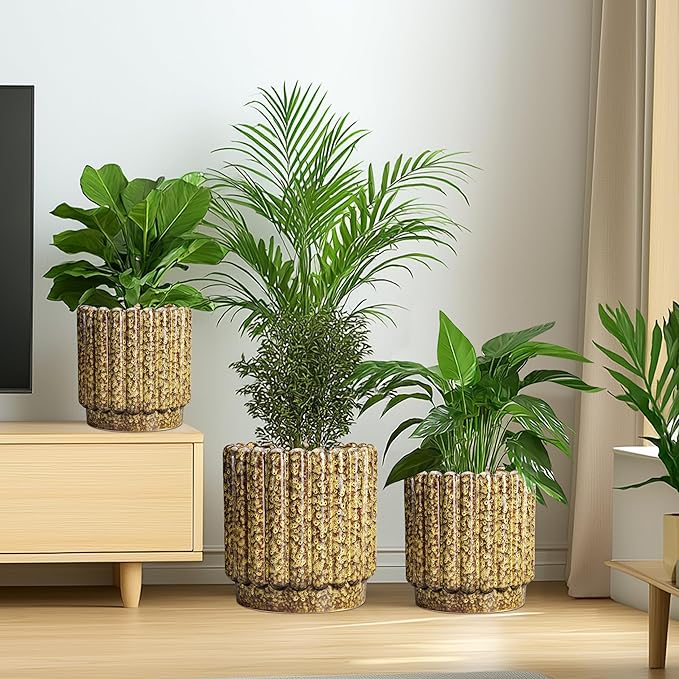 Ceramic Pots for Plants - 9.6 Inch Ceramic Planters for Indoor Plants, Round Flower Pots with Drainage Hole, Fluted Large Planter Outdoor, Patio Decor, Garden Gifts, Yellow