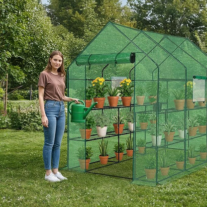 Outvita Walk-in Greenhouse, Outdoor Durable PE Plant Green House for Frost Protection with 3 Tiers 12 Shelves, Shelf Clips, Roll-up Zipper Door, 56"x85"x77" Green