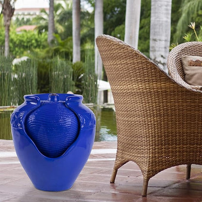Pure Garden Jar Water Fountain – Indoor or Outdoor Ceramic-Look Glazed Pot Resin Water Feature with Electric Pump and LED Lights (Cobalt Blue)
