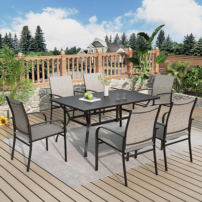 Patio Table and Chairs Set, Patio Dining Set for 6 with Brown Chairs and Metal Rectangular Table for Deck Backyard Lawn Poolside
