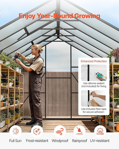 VEVOR 8 x 10 FT Polycarbonate Greenhouse, Heavy Duty Outdoor Green House with Adjustable Vents & Push-Pull Lockable Door, Quick Setup, Aluminum Frame Walk-in Greenhouse Sunroom for Outside Garden Lawn