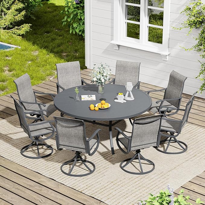 VICLLAX 9 Pieces Patio Dining Set, Outdoor Furniture Set of 8 Patio Swivel Dining Chairs and 60" Patio Round Table for Yard Backyard, Grey Chairs & Dark Grey Tabletop