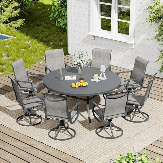VICLLAX 9 Pieces Patio Dining Set, Outdoor Furniture Set of 8 Patio Swivel Dining Chairs and 60" Patio Round Table for Yard Backyard, Grey Chairs & Dark Grey Tabletop