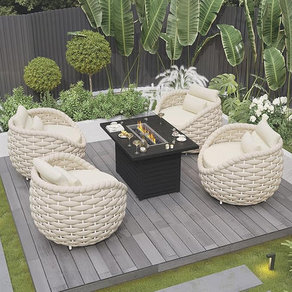 Patio Accent Chairs Set of 4: Aluminum Porch Lounge Chair with Arms - Woven Rope Cushioned Armchair - Modern One Seater Sofa - Outdoor Deck Furniture for 400lbs Balcony Yard Garden Hotel, Beige