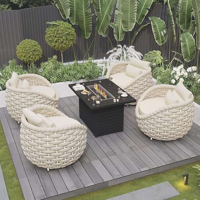 Patio Accent Chairs Set of 6: Aluminum Porch Lounge Chair with Arms - Woven Rope Cushioned Armchair - Modern One Seater Sofa - Outdoor Deck Furniture for 400lbs Balcony Yard Garden Hotel, Beige