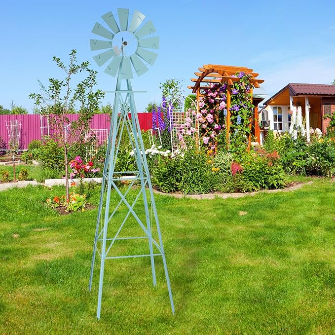 Garden Windmill for Yard Decor, 8 ft Tall Metal Windmill with Spinning Blades, Weather-Resistant Outdoor Windmill for Lawn, Farmhouse, Rustic & Farm Decor,Blue