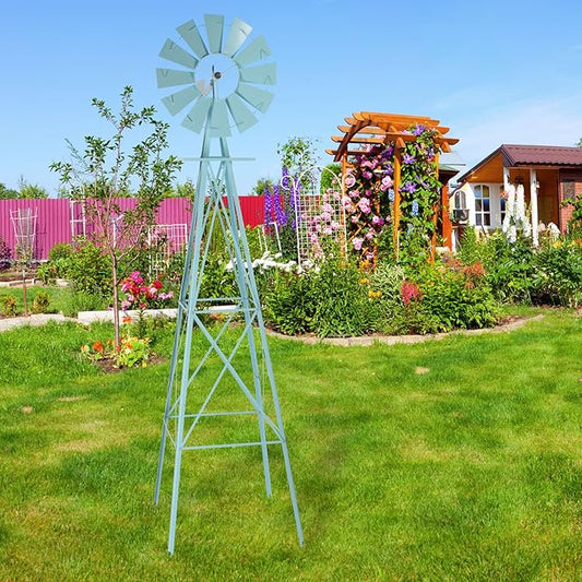 Garden Windmill for Yard Decor, 8 ft Tall Metal Windmill with Spinning Blades, Weather-Resistant Outdoor Windmill for Lawn, Farmhouse, Rustic & Farm Decor,Blue