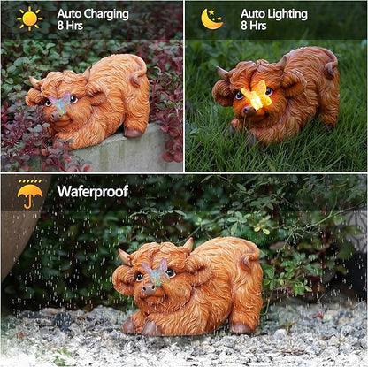 Highland Cow Solar Powered Outdoor Garden Statue, Resin Highland Cow Statue with Solar Light Lantern, Decorative Lawn, Yard Outdoor Highland Cow Decor. Unique Home Decorations, Gifts for Women