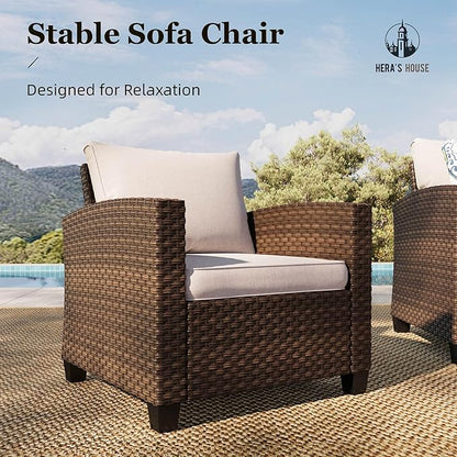 HERA'S HOUSE Patio Furniture Set, 5 Pieces Outdoor Wicker Furniture, All Weather Rattan Patio Conversation Set, Deep Seating Outdoor Sofa Sets for Lawn Deck Backyard, Brown/Beige