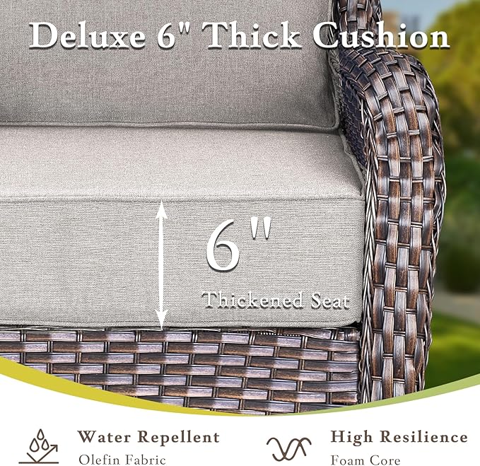 Luxury High Back Outdoor Furniture with 6-inch Extra Thick Cushions, Patio Furniture Set with Swivel Chairs, 4 PCS Wicker Conversation Set for Yard, Deck, Poolside, Brown/Beige