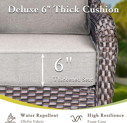Luxury High Back Outdoor Furniture with 6-inch Extra Thick Cushions, Patio Furniture Set with Swivel Chairs, 4 PCS Wicker Conversation Set for Yard, Deck, Poolside, Brown/Beige
