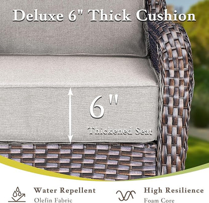 Luxury High Back Outdoor Furniture with 6-inch Extra Thick Cushions, Patio Furniture Set with Swivel Chairs, 8 PCS Wicker Conversation Set for Yard, Deck, Poolside, Brown/Beige