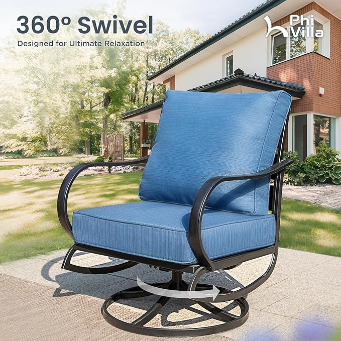 PHI VILLA 6 Piece Patio Furniture Sets with 1 x 3-Seat Wide Deep Seating Bench, 2 x Swivel Cushioned Sofa Chairs, 2 x Leg Sofa & 1 x Coffee Table, Outdoor Furniture Set for 7 Person, Peacock Blue