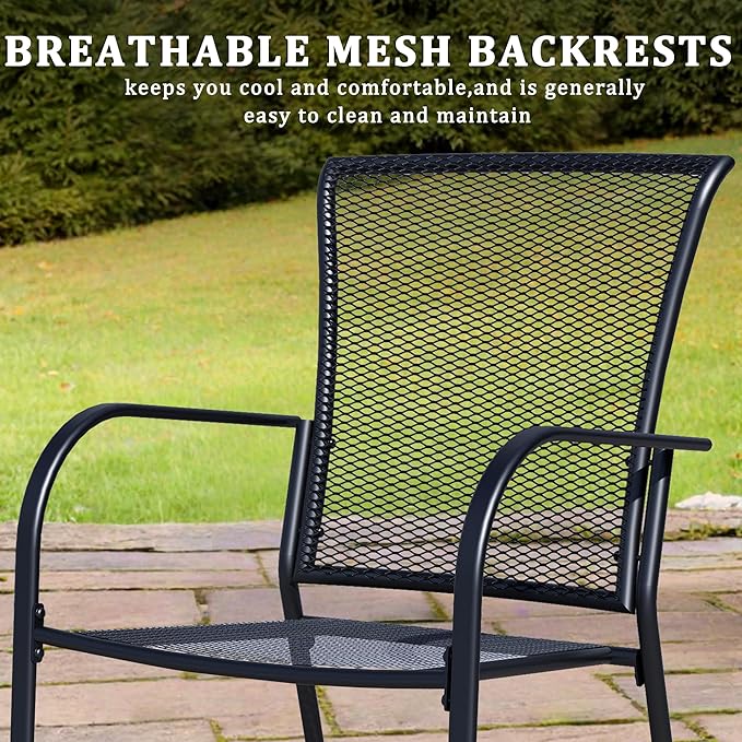 Outdoor Metal Patio Chairs Set of 4, Stackable Iron Mesh Dining Chairs with Armrests, All-Weather Bistro Chairs for Garden, Backyard, Porch, or Balcony