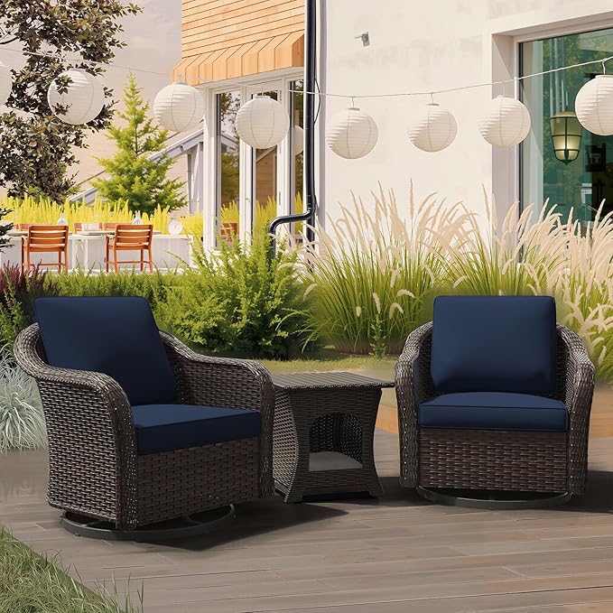 Vista Vibe Outdoor Wicker 360 Degree Swivel Glider Rocker Chairs Set of 2 with Cat Nest Side Table, All-Weather Rattan Patio Conversation Furniture Set with Washable Cushions for Balcony, Yard (Navy)