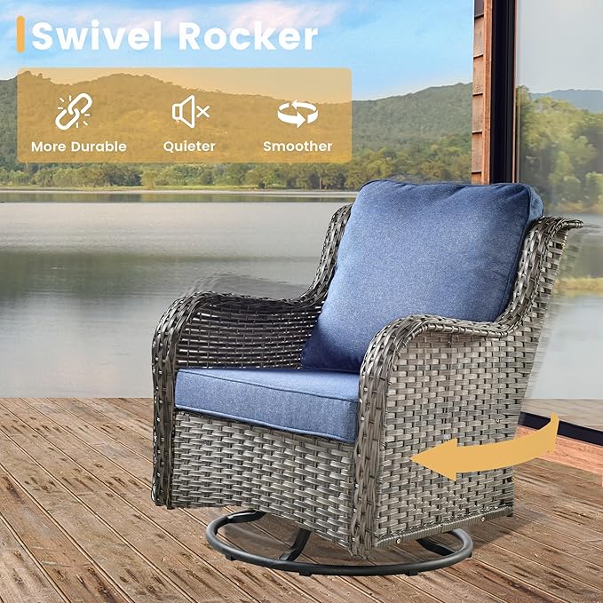 HOOOWOOO Patio Outdoor Furniture with Fire Pit Table,High Back 6 Piece Wicker Patio Conversation Set with Swivel Chairs,7 Person Couch Sofa Seating,Denim Blue
