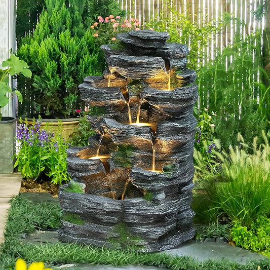 7-Tiers Garden Waterfall Fountain Outdoor - Water Fountains and Waterfalls, Outdoor/Indoor Floor Standing Resin Water Fountain with LED Light for Patio, Garden and Backyard, Deck, Porch, Home