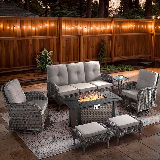 7 Piece Patio Furniture Set with Fire Pit Table - Wicker Patio Conversation Set with Swivel Glider, 3 Seat Sofa, Side Table and 2 Ottomans for Deck Backyard - Brown Wicker Beige Cushion