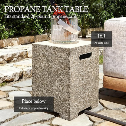 UPHA 42-inch Outdoor Propane Gas Fire Pit Table 50000 BTU Concrete Rectangle FirePit for Outside Patio with Propane Tank Cover, Wind Guad, Blue Glass Rocks, Rain Cover, Beige Texture