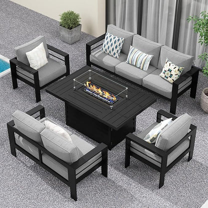 Solaste Aluminum Patio Furniture Set with Fire Pit Table, 5 Piece Metal Outdoor Furniture with Water-Resistant Cushions, Modern Patio Conversation Set for Balcony, Front Porch, and Backyard, Black