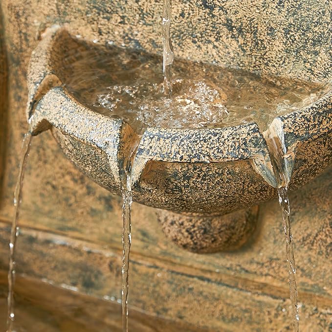 Glitzhome Outdoor Wall Mounted Water Fountain with LED Light and Pump, Antique European Style Multi-Tiered Faux Granite Sculptural Pedestal Outdoor Fountain for Porch Deck Patio Backyard, 49.25" H