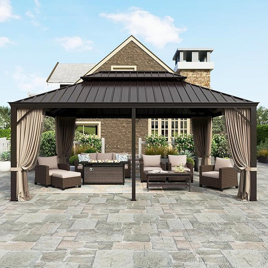 12'x18' Hardtop Aluminum Gazebo, Permanent Outdoor Canopy with Galvanized Steel Double Roof Heavy Duty Pavilion with Curtains and Netting for Garden Patio Lawn Deck