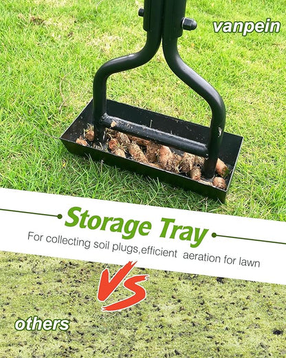 Lawn Aerator Garden Tool with Soil Core Tray, 38” Manual Grass Plug Aerators & A Cleaning Tool, Coring Aeration Tools with 3 Tines for Gardening, Soil Compaction, Lawn Yard Care, Patented Black