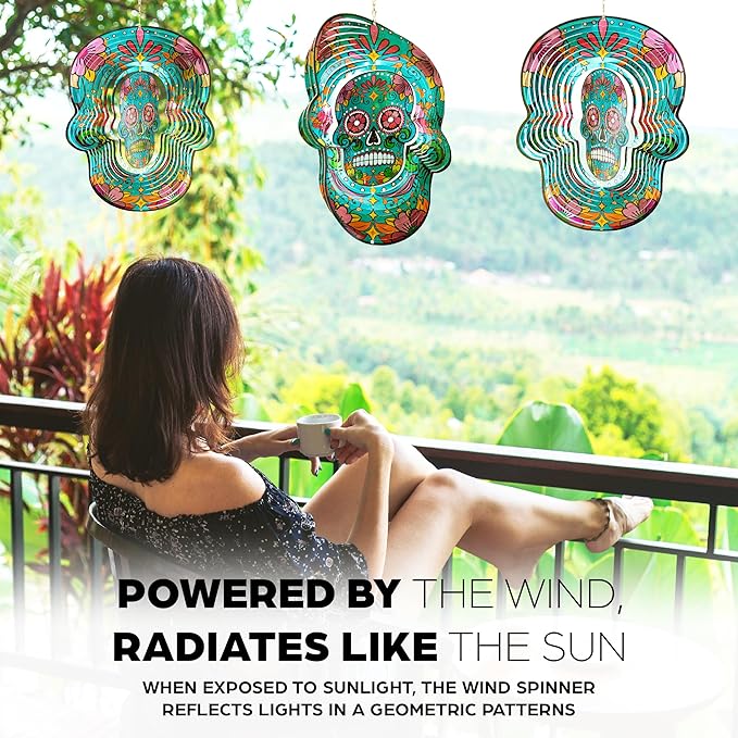 Skylar 3D Color Gradient Calavera Skull Wind Spinner, 12-Inch Day of The Dead Wind Spinners Outdoor Clearance, Kinetic Stainless Steel Decor for Patio and Home, Powered by Air