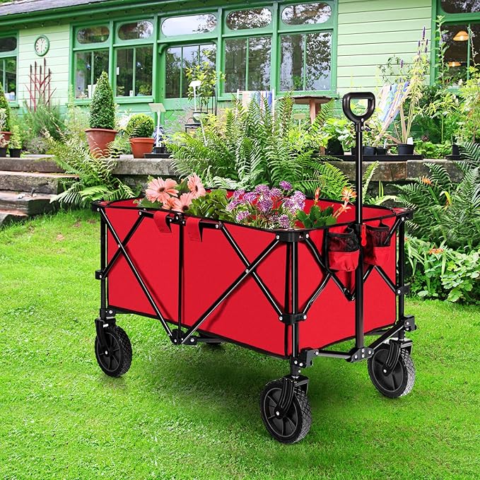 Goplus Collapsible Wagon, Folding Utility Wagon Cart w/Universal Wheels & Adjustable Handle & Cover Bag, Grocery Wagon for Garden Shopping Camping (Red)