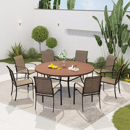 VICLLAX 60" Outdoor Round Patio Dining Table for 8-10, All Weather Metal Dining Table with Umbrella Hole for Deck Lawn Garden Backyard, Walnut