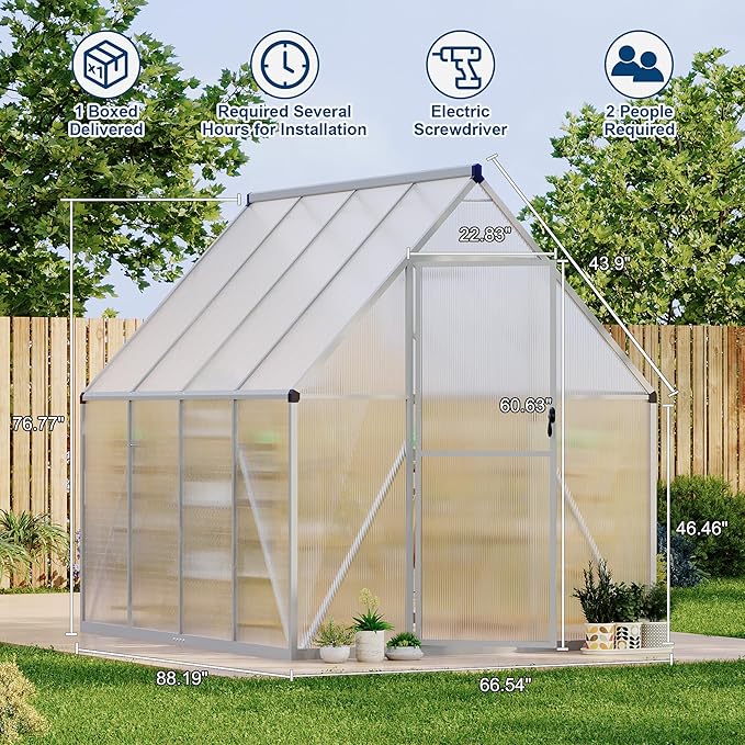 6X7 ft Polycarbonate Greenhouse with Aluminum Frame, Polycarbonate Greenhouse for Outdoors, Greenhouses with Ventilation, Aluminum Large Walk-in Greenhouses for Outside