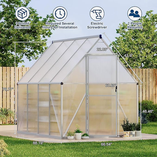 6X7 ft Polycarbonate Greenhouse with Aluminum Frame, Polycarbonate Greenhouse for Outdoors, Greenhouses with Ventilation, Aluminum Large Walk-in Greenhouses for Outside