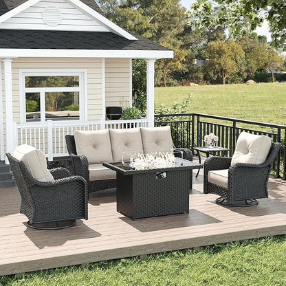LayinSun 5 Piece Wicker Outdoor Furniture Set with 6-inch Comfy Cushions, High Back Patio Furniture Set with Swivel Rocking Chairs and Fire Pit Table