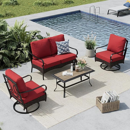 MFSTUDIO 4 Pieces Outdoor Patio Furniture Set, Metal Outdoor Conversation Set, Rattan Wicker Patio Sectional Sofa Set with 2 x Swivel Single Sofa, 2-Seat Sofa, 1 x Coffee Table, Red