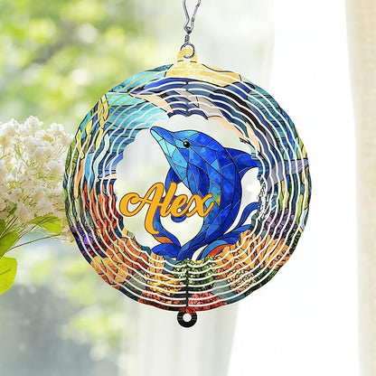 Personalized Dolphin Wind Spinner 3D Stainless Steel, Dolphin Garden Spinner Hanging Outdoor Decor, Wind Spinners Outdoor, Custom Gift for Grandmother, Mom, Wife