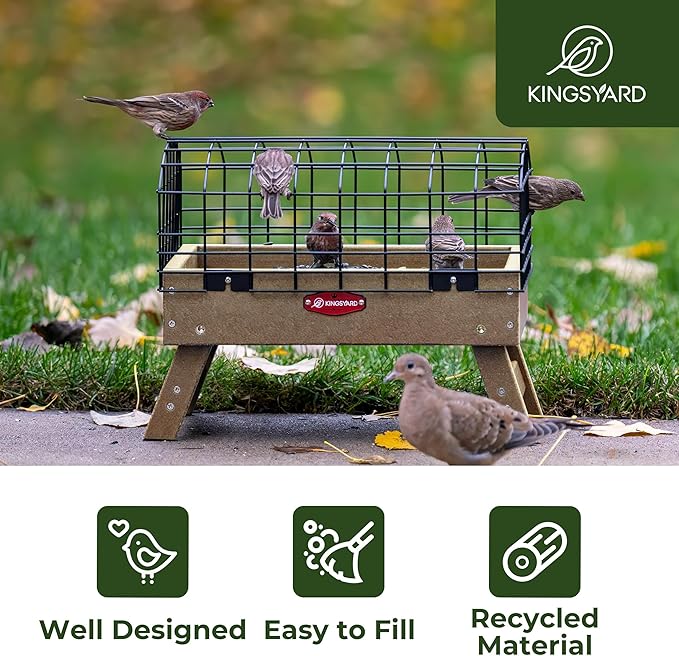 Kingsyard Squirrel Proof Ground Bird Feeder for Outdoors - Recycled Plastic Platform Feeding Station, Fly-Through Metal Caged Wild Bird Feeder for Small Birds, 5 LBS Large Capacity, Brown