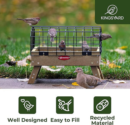 Kingsyard Squirrel Proof Ground Bird Feeder for Outdoors - Recycled Plastic Platform Feeding Station, Fly-Through Metal Caged Wild Bird Feeder for Small Birds, 5 LBS Large Capacity, Brown