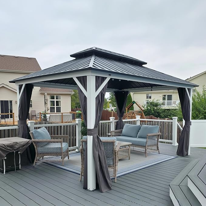 PURPLE LEAF 10' X 14' Hardtop Gazebo, Metal Double Roof White Aluminum Frame Outdoor Heavy Duty Gazebo with Curtain and Netting for Patio, Garden and Backyard, Grey
