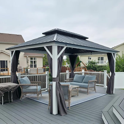 PURPLE LEAF 10' X 14' Hardtop Gazebo, Metal Double Roof White Aluminum Frame Outdoor Heavy Duty Gazebo with Curtain and Netting for Patio, Garden and Backyard, Grey