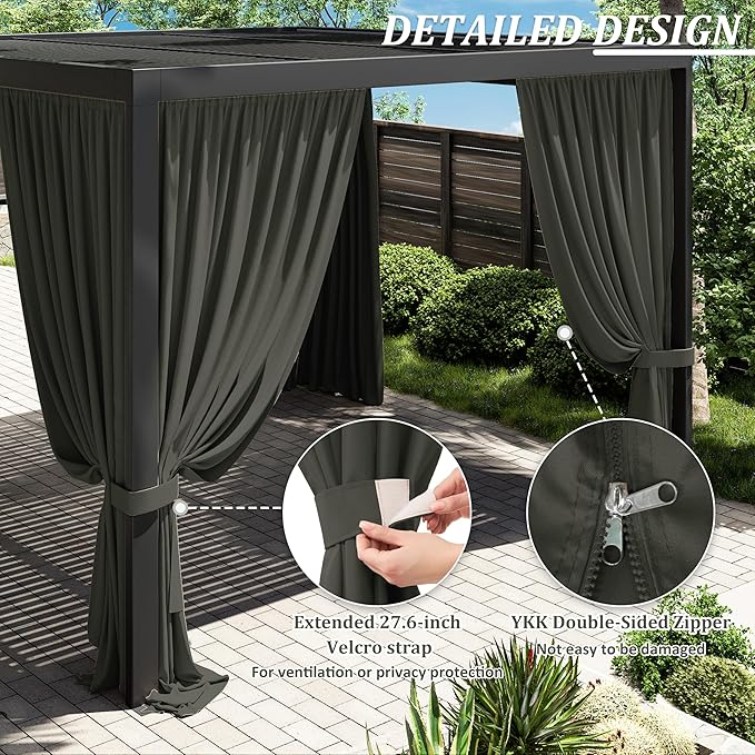Gazebo Universal Replacement Privacy Curtain,12'×12' Gazebo Outdoor Waterproof Curtains, 4-Panels Sidewall Curtains with Double Zipper for Patio Canopy, Garden and Backyard (Curtain Only)