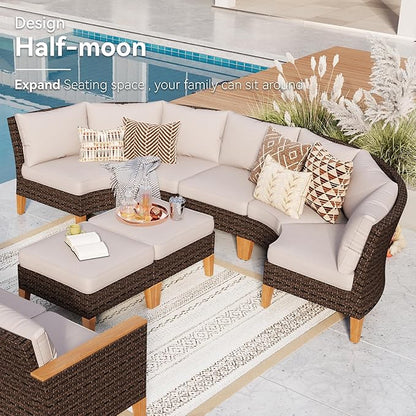 GREEN PARTY 8 Pieces Wicker Patio Furniture Set, All-Weather Outdoor Rattan Half-Moon Curved Patio Sectional Sofa Conversation Set with 4" Thick Cushions for Garden, Backyard, 2 x Ottomans
