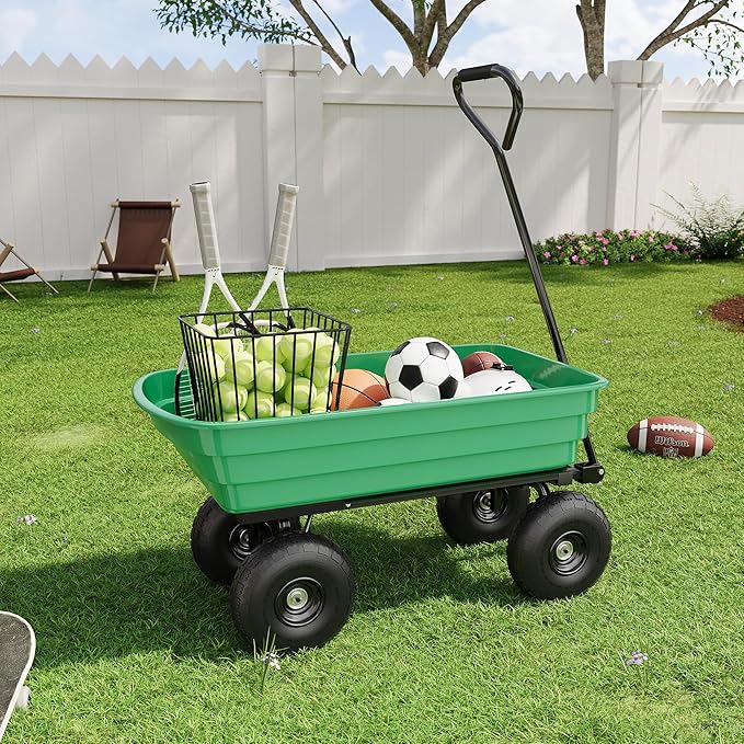 Garden Dump Cart, 6 Cu.Ft. 1200Lbs Garden Cart, Heavy-Duty 4 Wheel Wheelbarrow Yard Cart with 13-Inch All-Terrain Wheels, Features A Quick-Release Tipping Function, for Courtyards, Farm, Gardening