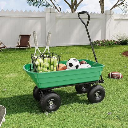 4 Cu.Ft. 600Lbs Garden Cart Dump Wagon, Heavy-Duty 4 Wheel Wheelbarrow Yard Cart with 10-Inch All-Terrain Wheels, Features A Quick-Release Tipping Function, for Courtyards, Farm and Gardening