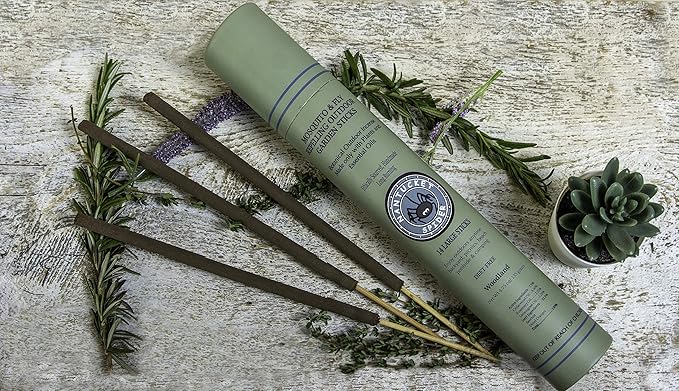 Nantucket Spider Mosquito Repellent Sticks 14 Pack and Holder | Repels Mosquitoes & Flies | Slate Block Holder | Outdoor Garden Natural Essential Oil Incense | Woodland Scent