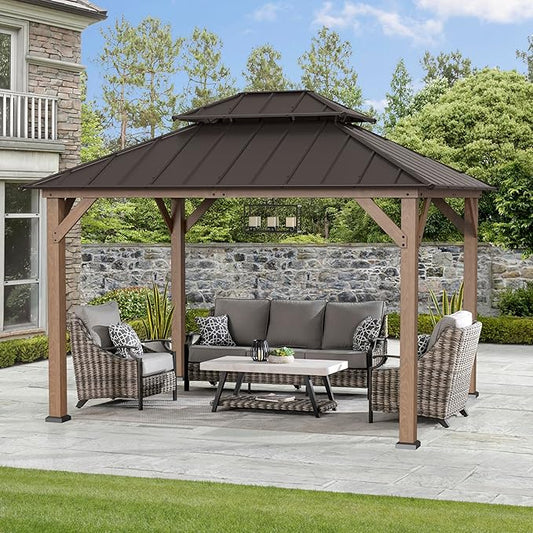 SUNJOY 10 x 12 ft. Wood Gazebo, Outdoor Patio Cedar Framed Steel Hardtop Gazebo with 2-Tier Metal Roof, Suitable for Patios, Lawn and Backyard, Dark Brown Roof + Dark Wood Frame